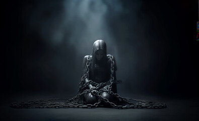A dramatic portrayal of A figure sitting in the dark bound by heavy chains, symbolizing captivity and despair - obrazy, fototapety, plakaty