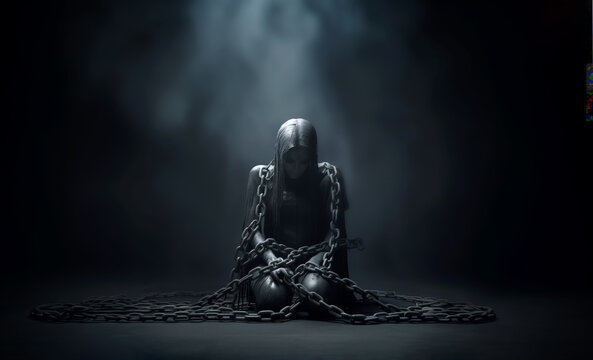 A dramatic portrayal of A figure sitting in the dark bound by heavy chains, symbolizing captivity and despair