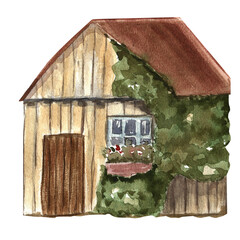 Vintage garden cottage watercolor illustration.