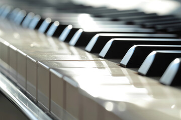 Close up image of piano keys in white background, in the style of high-key lighting