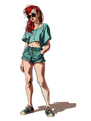 A drawn illustration of a woman in shorts and sunglasses. fashion vector illustration