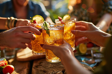 Close up photography of A group of friends toasting with Long Island Ice Tea - Powered by Adobe
