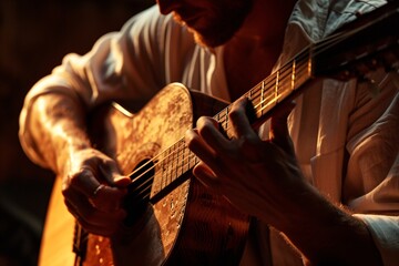 Man playing guitar in dim lighting