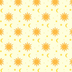 hand drawn doodle suns moons and strars seamless pattern children drawing of yellow baby summer simple texture background