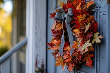 A wreath with autumn leaves and a bow.