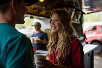 A woman smiling at a man while holding a cup of coffee - obrazy, fototapety, plakaty