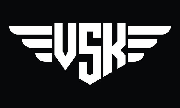 VSK three letter logo, creative wings shape logo design vector template. letter mark, word mark, monogram symbol on black & white.