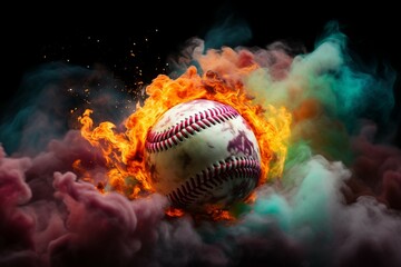 Obraz na płótnie Canvas Dramatic flair Colorful baseball pops against a smoky and mysterious setting