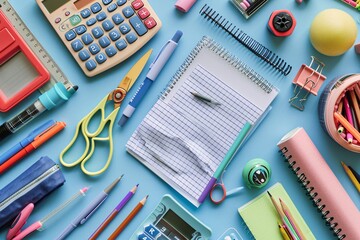 Various School Supplies on a Blue Table - obrazy, fototapety, plakaty