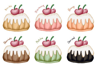 Set of cupcakes in different flavor with cherry and whipping cream topping