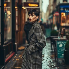 街を歩く灰色チェックのコートを着たモデル女性