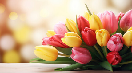 Bouquet of fresh tulips in pink, red, and yellow, wrapped in a delicate fabric