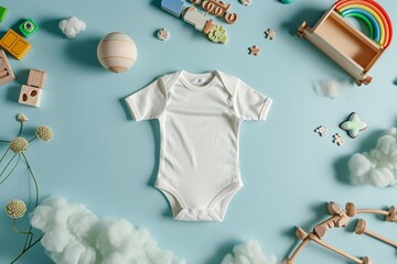 A white baby's outfit on a blue background with toys and a globe. - obrazy, fototapety, plakaty