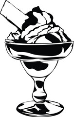 Cartoon Black and White Isolated Illustration Vector Of An Ice Cream Sundae with Wafer Biscuits