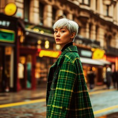 街を歩く緑色チェックのコートを着たモデル女性