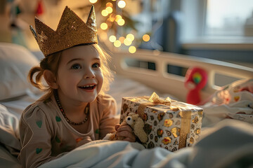 niña enferma ingresada en la cama de un hospital sosteniendo un muñeco de peluche y un paquete regalo en sus manos, llevando una corona dorada en su cabeza, concepto reyes magos, cumpleaños, fiestas
