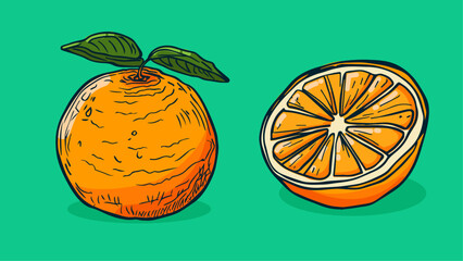 Set of Orange fruit, Vector illustration in one line sketch style, flat hand drawn sketch, Colorful fruit with shadow and light, isolated on colored background.