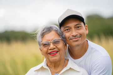 Portrait of an elderly woman with her child looking at the camera 