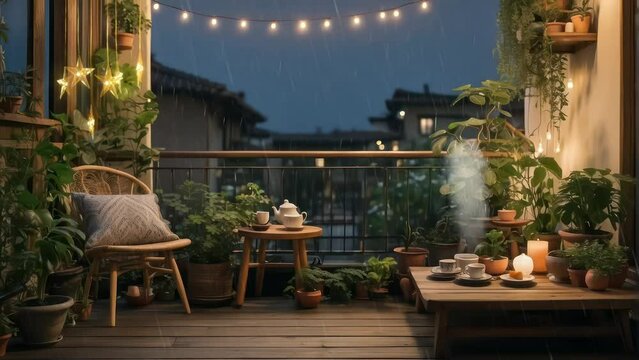 Bohemian Japanese Cozy outdoor balcony with plants and coffee table with tea night time with rain falling. seamless time lapse looping virtual 4k video animation background. Generated with AI