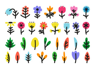 Abstract geometric modern natural colorful flowers leaves with thick editable outline on white background. Flat doodle style. Vector illustration.