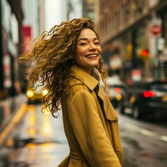 街を歩くブラウンのコートを着たモデル女性