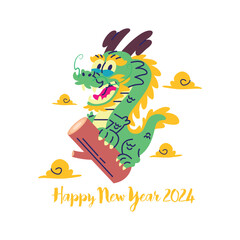 A GREEN DRAGON IS HOLDING A WOOD NEW YEAR VECTOR
