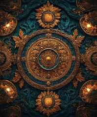 golden ornament on a wall with blue accents