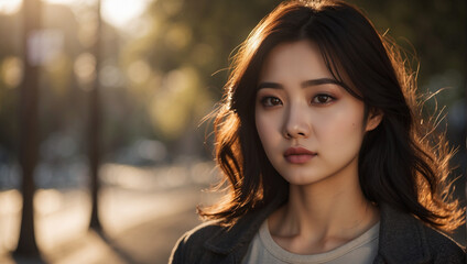 Portrait of a beautiful young Korean woman at sunset in a park