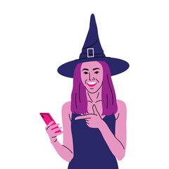 CUTE WOMEN WEARING WITCH COSTUME IS SMILING AND HOLDING A SMART PHONE