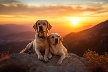 a labrador retriever couple enjoying the sunset from the top of a mountain 