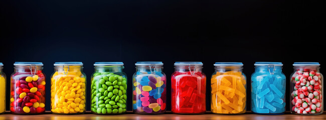 colorful candies in a row with copy space