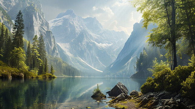 Mountain lake panorama landscape