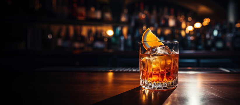 an old fashioned glass of whiskey sitting on and old fashioned wooden bar
