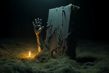 Eerie resurrection Zombie hand emerges from the depths of the tomb - obrazy, fototapety, plakaty
