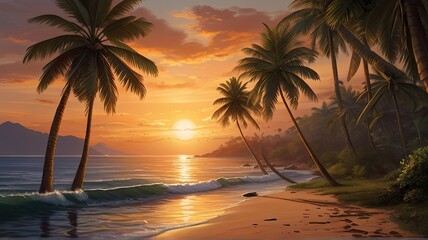 Photorealistic Seascape with Palm Trees Bathed in Warm Hues.