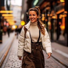 街を歩くホワイトのダウンを着たモデル女性