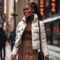 街を歩くホワイトのダウンを着たモデル女性