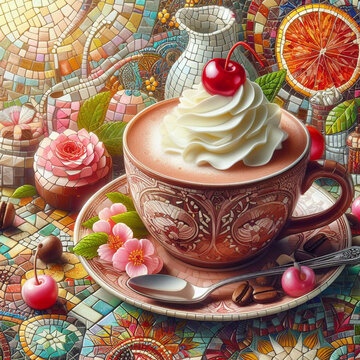 uma xícara de café com chantilly e uma cereja no topo. A xícara é de cerâmica branca com um desenho simples. O chantilly é branco e cremoso, e a cereja é vermelha e brilhante. 
