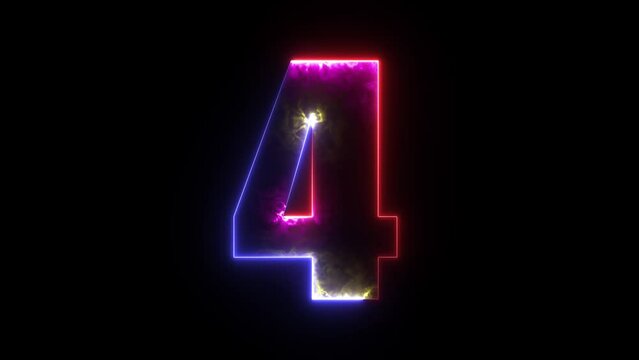 Glowing neon animated number 4 (Four). Bright neon glowing number 4. Education concept