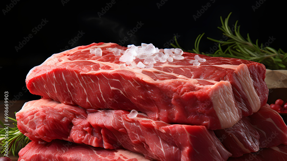 Wall mural raw red meat, beef steak close-up on the kitchen table. cooking at home.