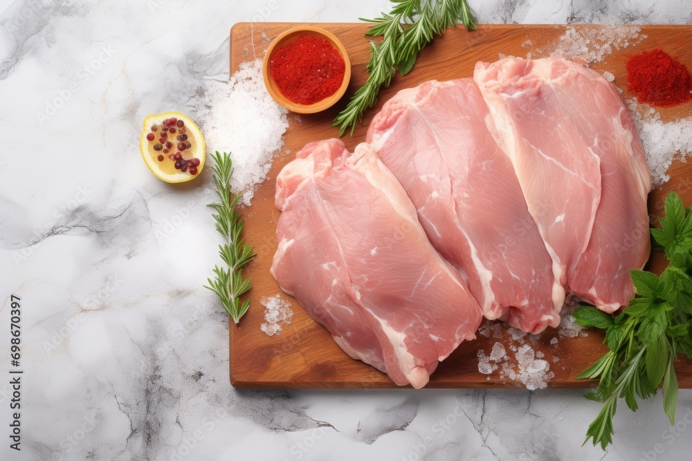 Wall mural raw poultry meat, fillet pieces on the kitchen table. cooking at home.