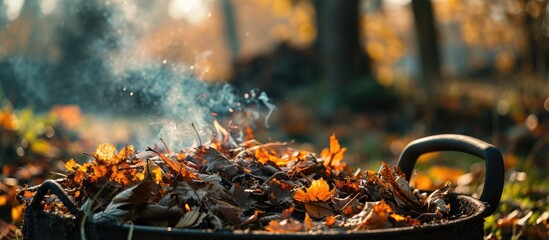 Autumn garden sanitation: burning sick leaves in a metal barrel, with selective focus. - obrazy, fototapety, plakaty