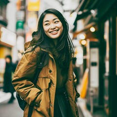 街を歩くブラウンのダウンを着たモデル女性