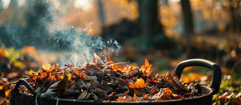 Autumn garden sanitation: burning sick leaves in a metal barrel, with selective focus.