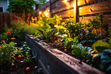 A garden with a variety of plants and a wooden fence. - obrazy, fototapety, plakaty