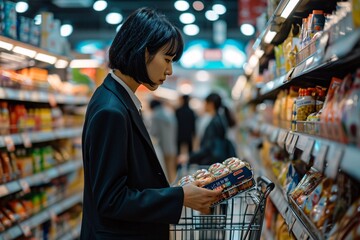 Woman shopping for food in a grocery store - obrazy, fototapety, plakaty
