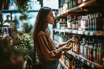 A woman shopping for olive oil in a grocery store.
