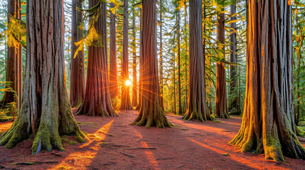 Panorama of Beautiful Surreal Forrest at Sunset