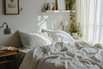 A white bed with a white comforter and pillows.