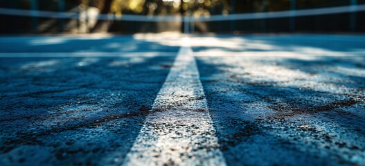 A tennis court with a blue background and a white line - obrazy, fototapety, plakaty